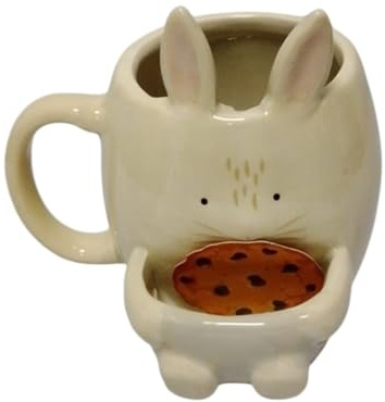 Divas World Cute Bunny Ceramic Mug – Novelty Animal Design Coffee & Tea Cup with Cookie Holder – Beige – 12×12×12 cm