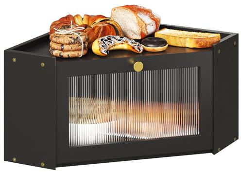 VEDECASA Panera de esquina para cocina de bambú con puerta acrílica transparente, cesta de pan negra para esquinas de cocina, gran fiambrera en diseño rústico, 32 x 32 x 20 cm