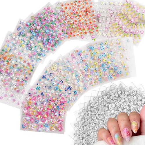 DOVBAN 60pcs fogli di adesivi per unghie aurora,adesivi unghie autoadesivis con 3D,Piccolo fiore bianco con diamante per nail arts