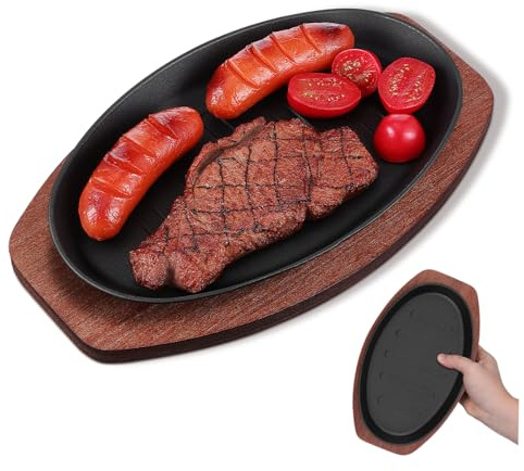 CIYODO Piastra per Carne da Tavola in Ferro e Legno, Piastra per Servire Bistecca, Facile da Pulire, Resistente, per Steak e Pesce alla Griglia