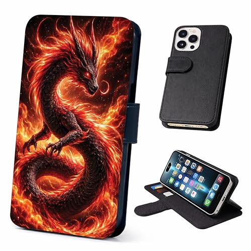 Fire Dragon Wallet Phone Case Flip Cover Compatible with iPhone SE 7 8 X XR 11 12 13 14 15 16 16E 17 Plus Mini Pro Max – Mystical Dragon, Faux Leather Fantasy Case with Card Slots, Firey Red