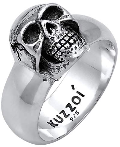 Kuzzoi Totenkopf Herrenring, massiv 10 mm breit in 925 Sterling Silber, schwarz oxidiert mit Gravur, Ring für Männer in der Ringgröße 60 – 66, 0601662919