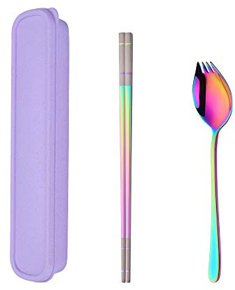Do Buy Palillos Chinos Spork (3 En 1 Cuchillo Cuchara Tenedor) Estuche De Cubiertos Para El Trabajo Viaje Escolar Arcoíris