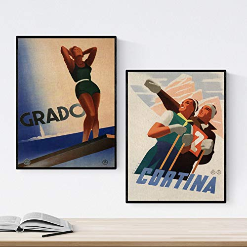 Nacnic Poster Jahrgang. Poster, die Welt der Werbung. Zwei Blätter Vintage-Ski und Trampolin. A4-Format