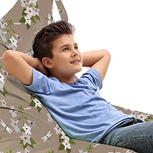 ABAKUHAUS Libelle Unicorn Toy Bag Lounger Stuhl, Jasmin-Blumen im Frühling, Hochleistungskuscheltieraufbewahrung mit Griff, Warm Taupe und Olivgrün