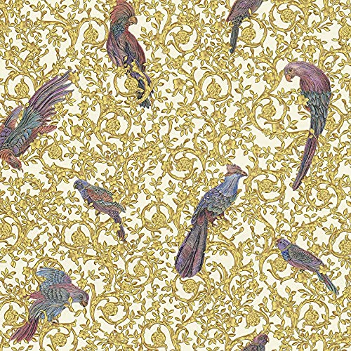 BRICOFLOR Vliestapete | Vogeltapete - Tapete Büro - Beige / Crème, Silber, Violett / Lila | 10,05 x 0,70 m = Rolle 7.04 m²