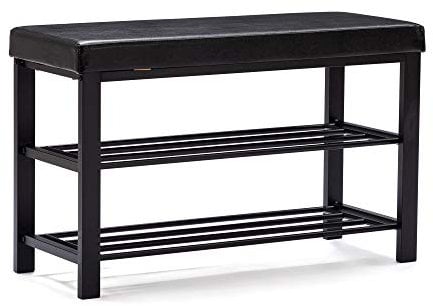 HNNHOME Canopus Shoe Bench, 3-Tier Shoe Rack Shelf Organiser with Padded Cushion Seat, Steel Frame, for Entryway, Hallway Living Room, Industrial Accent Furniture 81x32xH50 cm (Black, Faux Leather)