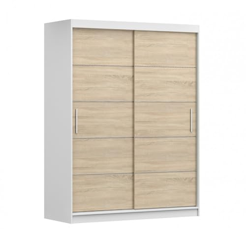 MOEBLO Kleiderschrank Schwebetürenschrank 2-türig Schrank mit vielen Einlegeböden und Kleiderstange Gaderobe Schiebtüren BxHxT 150x200x61 - Lara 6 (Weiß + Sonoma)