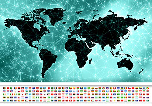 wandmotiv24 Fototapete Weltkarte Fahnen Flaggen, S 200 x 140cm - 4 Teile, Wanddeko, Wandbild, Wandtapete, Erde Globus Atlas Netz schwarz blau M6653