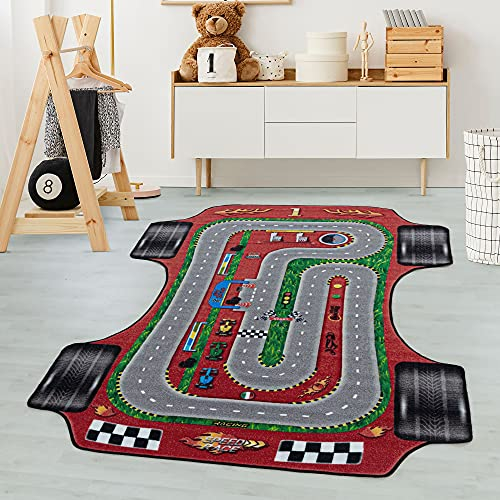 Carpetsale24 Kinderteppich Rennstrecke Rennauto Design Sonderform Rot 140 x 200 cm - Kurzflor Teppich Kinderzimmer für Jungen & Mädchen Pflegeleicht - Waschbar Spielteppich Babyzimmer Babyteppich