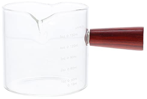 Cabilock 150ML Messbecher Küche Glas Scala Becher Transparenter Messbehälter mit Messskala Holzgriff Milchkanne Milchkrug Messwerkzeug für Cafe Milch Sauce Restaurant Hotel Backen Kochen Labor