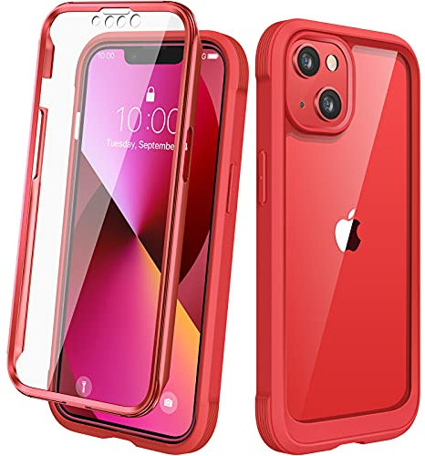Diaclara Compatible with iPhone 13 Case, 360 Full Body Rugged Case with Built-in Touch Sensitive Anti-Scratch Screen Protector, Shockproof TPU Bumper Case Cover Designed for iPhone 13 6.1 - Red