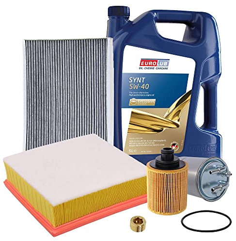 BESTPRICE Inspektionspaket Filterset mit 1x Ölfilter, 1x Kraftstofffilter, 1x Luftfilter, 1x Innenraumfilter (Aktivkohle), 1x Ölablassschraube, 1x Motoröl 5W-40 5 l, Kompatibel mit OPEL CORSA D (S07)