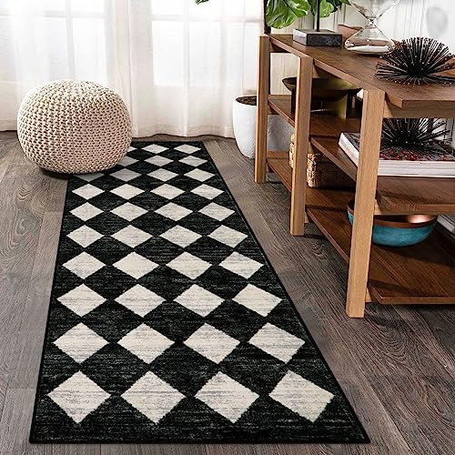 Lahome Moroccan Trellis Runner Rug - 2x6 Washable Black Bathroom Runner Rug Laundry Room Carpet Runner, Modern Soft Non Slip Indoor Floor Accent Mat for Bedside Kitchen Hall Bar Entryway RV