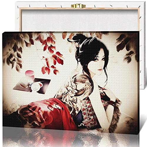 Japanische Geisha Poster Wandbild Kunstwerk Leinwand Drucke Tätowierte Frau Bild Wand Kunst Gemälde für Wohnzimmer Dekoration, 42 * 60cm, gerahmt
