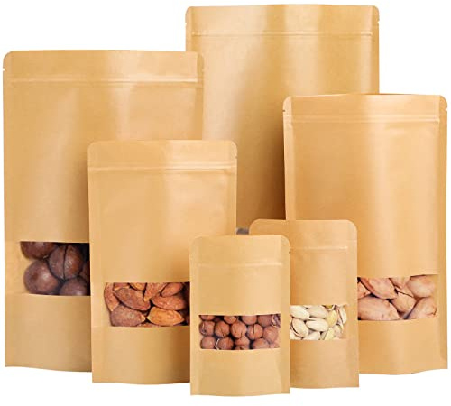Surflyee 50PCS Kraft Bags With Window, Reusable Stand Up Pouches | Zip Lock Food Storage, Brown Paper Bags for Tea, Coffee, Sweet, Seed, Nut