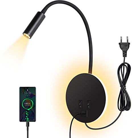 ERWEY Leselampe Bett, Leselampe Wandmontage 3W+8W Bettlampe mit Schalter und USB-Aufladung,LED Wandlampe Leselicht 360° Schwenkbar Schwanenhals mit Stecker und Kabel für Schlafzimmer, Schwarz