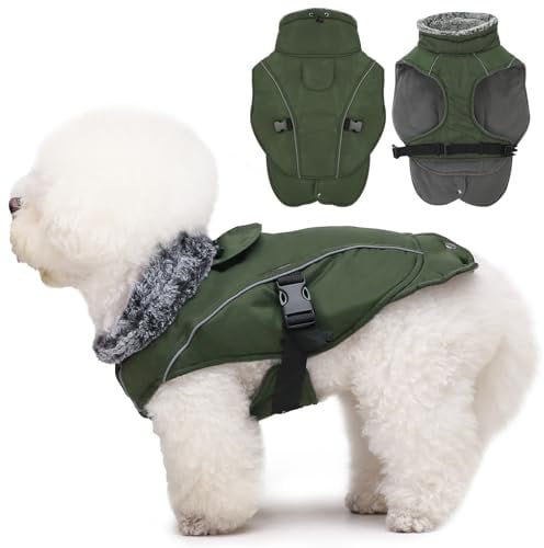 DENTRUN Hundemantel für Kleine Hunde, Hunde Wintermantel, Wintermantel Hund Wasserdicht, Hundejacke mit Leine Loch, Reflektierend Hundejacke, Winddichter Wintermantel(Armeegrün, S)