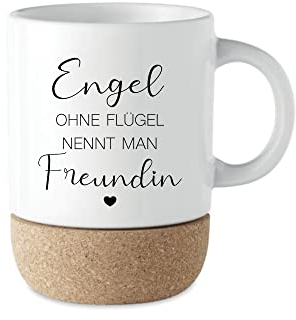 Manufaktur Liebevoll I Freundin Geschenk Tasse Kaffeetasse Keramiktasse mit Kork Boden & Deckel Spruch Tasse Freundin Teetasse Freundschaftsgeschenk Geburtstag Geschenk Weihnachten (Engel Freundin)