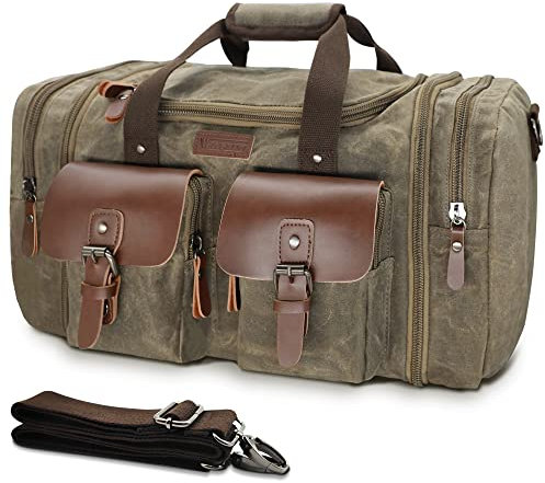 Wildroad 50 l Reisetasche, erweiterbar, Segeltuch, echtes Leder, verbesserte Reisetasche für die Nacht, Vintage Grau, X Large-60L, Classic