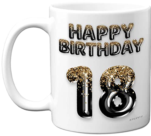 18th Birthday Gift for Men - Black Gold Glitter Balloons - Happy Birthday Mug Present for 18 Year Old Son Brother Grandson Cousin Friend, 11oz Ceramic Dishwasher Safe Coffee Mugs Cup