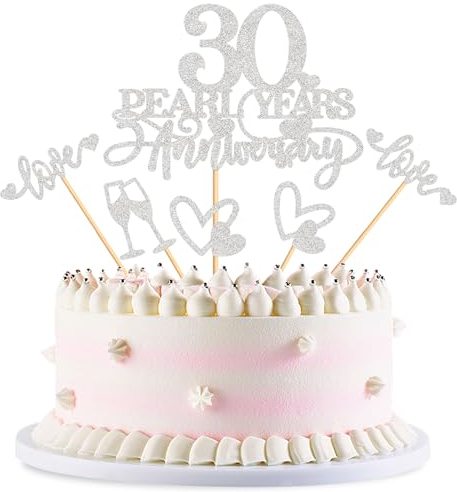 Blumomon 25Pcs 30th Anniversary Cake Toppers Silver 30th Weddding Anniversary Heart Cake Decoration for 30 Pearl Wedding Celebration Party Supplies