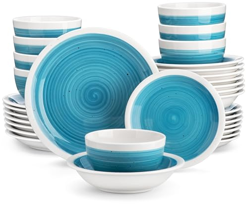 vancasso Ori Dinner Set for 8, Stoneware Dinner Sets Handpainted Tableware, 32-Piece Blue Dinnerware Set with Dinner Plate/Dessert Plate/Pasta Bowl/Cereal Bowl, Rustic Chic Style