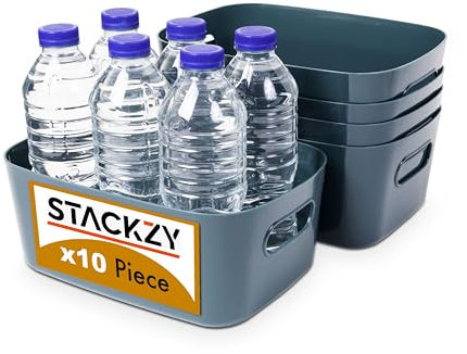 Under Sink Storage Boxes – Strong Storage Baskets with Handles – Home, Kitchen and Bathroom Organiser – Rectangular Multi Use Storage Boxes –– Stackable Pantry Basket – Blue, 10pcs – by Stackzy