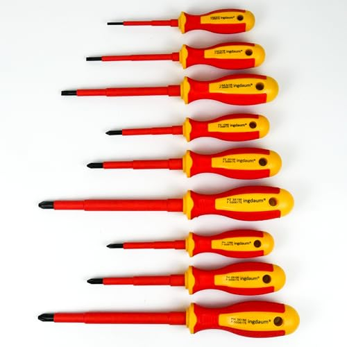 INGDAUM® VDE Set di 9 cacciaviti (Pozidriv, slot e croce), isolati gg. 1000 V per elettricisti, refrigeratori, meccatronici