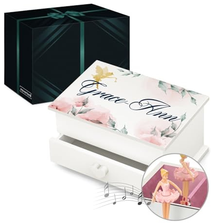 Maverton personalisierte Musik Schmuckdose mit Aufzieh-Spieluhr, Schublade | Schmuckkästchen Ballerina, Musikspieldose für Mädchen zur Geburt, zum Geburtstag, Weihnachtsgeschenke, mit Schublade