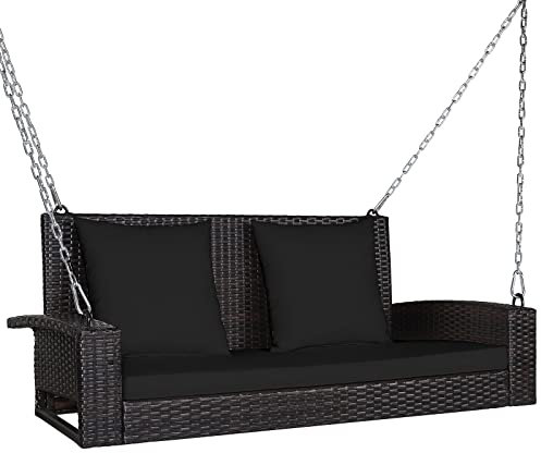 COSTWAY 2 Seater Porch Swing Chair, Rattan Patio Swing Bench Loveseat with 2 Pillows, Seat Cushions & Hanging Chains, Outdoor Garden Hanging Swing Seat Hammock for Balcony Yard Lawn (Black)