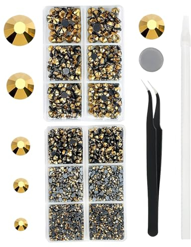 YHMQ DU 6616 Stück goldene Hotfix-Strasssteine aus Kristallglas für Stoff, Kleidung, Hemden, Trinkgläser, flache Rückseite, rund, mit Pinzette und Stift (SS6 ~ SS30)