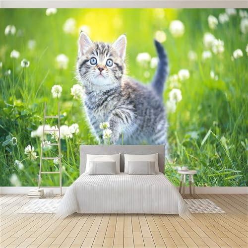 Papier Peint Panoramique Chat Fleur 250 x 175 cm Papier Peint Intissé Mural, Poster Geant Mural Impression 3D, pour Salon Chambre d'enfants restaurant Décoration Murale