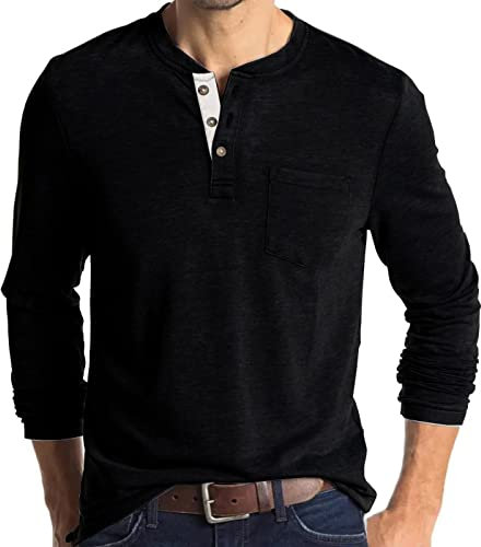 Mens Polo Shirts Henley T Shirts Collarless Grandad T Shirt Golf Shirts Long Sleeve Tops Black T Shirt Men 2XL
