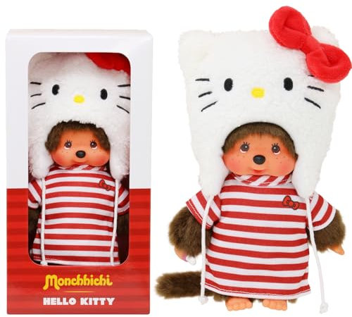 Bandai Monchhichi - Peluche Monchhichi Hello Kitty - Peluche Singe Iconique des années 80 - Peluche Toute Douce 20 cm pour Enfants et Adultes - Jouet Enfant 2 Ans et + - SE252848
