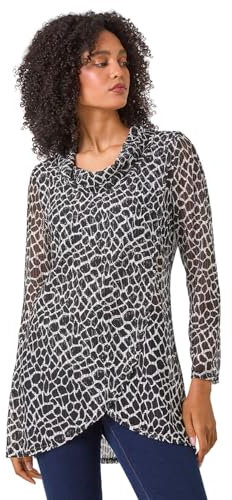 Roman Originals Women's Cowl Neck Long Sleeve Tunic Ladies Lightweight Longline Patterned Top Blouse Snit Autumn Winter Work & Casual Smart Wear Going Out Party Loungewear - Black Ivory - Size 18