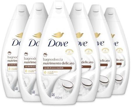 Dove Sanfte pflegende Duschgel, dermo-natürliche Feuchtigkeitspflege, Kokosöl, 1/4 Feuchtigkeitscreme, dermatologisch getestet, Duschgel für Damen und Herren, 100% recycelte Flasche* 6 Stück x 450 ml
