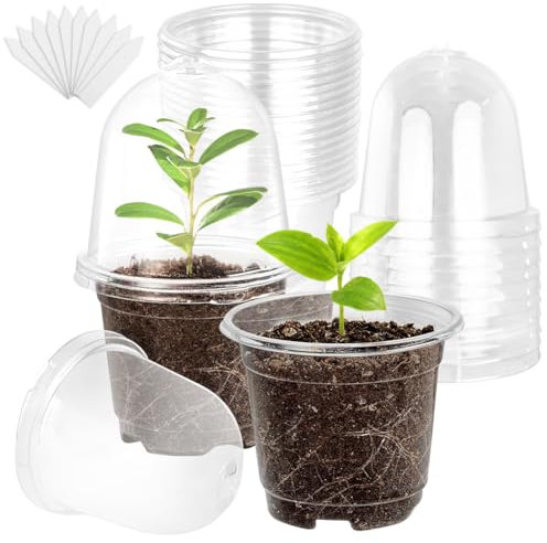 30Pcs Macetas Vivero con Cúpulas de Humedad, 9cm Transparentes Plástico Macetas de Inicio de Semillas con Orificio de Drenaje con 10 Planta Etiquetas para Plantas, Flores, Jardinería