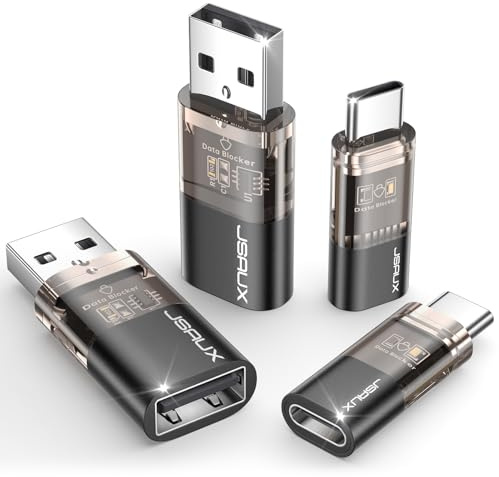 JSAUX Bloqueador de Datos USB y USB C, Solo Carga, Pack de 4, Negro | Bloqueador de datos para carga pública, protección contra juice jacking, listo para viajar