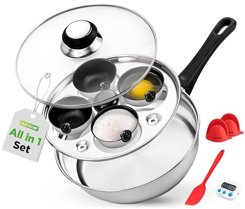 NutriChef Cuoci Uova 20 cm in Acciaio Inox, Set per Uova in Camicia con 4 Coppette Antiaderenti, Coperchio in Vetro, Timer, Guanto Forno e Spatola, Compatibile Induzione, Argento