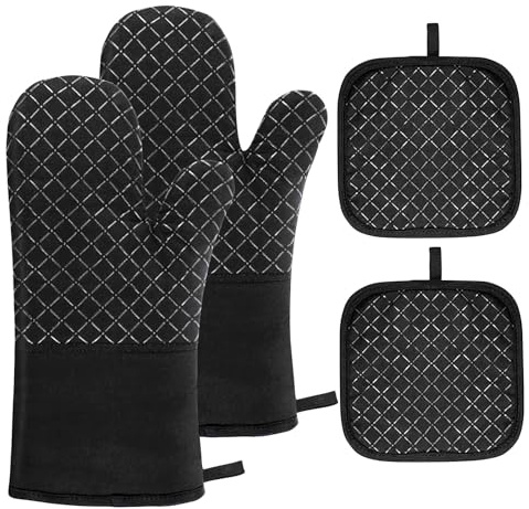Oven Gloves, 1 Pair Oven Mitts, Oven Gloves Heat Resistant | Non-Slip Cotton Oven Glove with Insulation Pad for Grilling Baking Barbecue Microwave, Black
