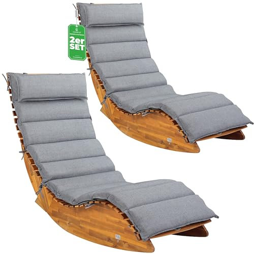 Casaria® 2X Sonnenliege inkl. Auflage 2 Personen Grau Meliert Klappbar Wetterfest Holz Garten Liege Ergonomisch 160kg Belastbar FSC®-Zertifiziert Schwungliege Set Balkon 195x60cm