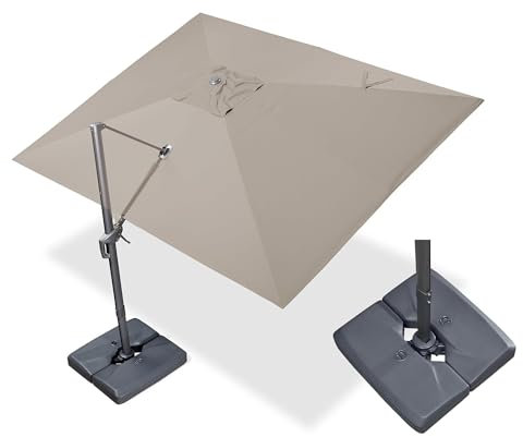 PURPLE LEAF Parasol Déporté 3 × 4 m avec Base Lestée, Parasol de Jardin Extérieur Protection UPF 50+ avec Manivelle pour Inclinaison sur 6 Positions et Rotation à 360°, Taupe