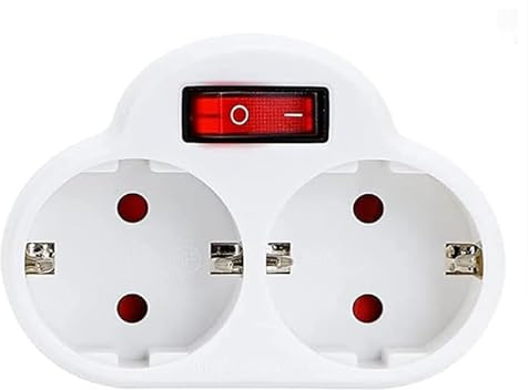 2 en 1 Adaptador con Interruptor y 2 Enchufes Schuko, Adaptador de Regleta, hasta Carge 3680W, 16A/250V~, Blanco.