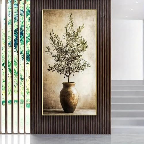 CHAOJIART Large Canvas Wall Art - Vintage Olive Tree in Rustic Vase Green Foliage Painting for Living Room Decor, Abstract Retro Art 60x120cm InnerFrame