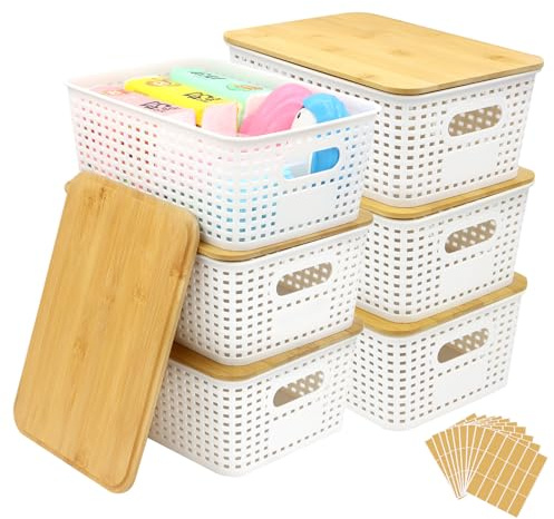 ZYNERY 6er-Set Aufbewahrungsbox mit Bambus Deckel, Stapelbare Aufbewahrungsboxen, Kunststoff Korb Aufbewahrung für Küche Schlafzimmer Badezimmer Wohnzimmer, 25.6 x 18 x 10.7 cm, 5L (Weiß)