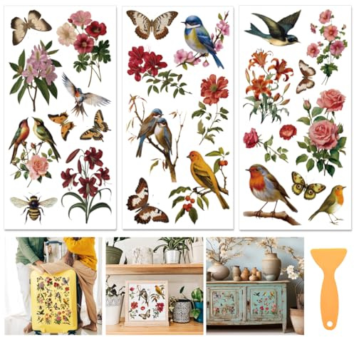 INFUNLY 3 Sheets Vintage Rub on Transfer 5.9×11.8 Butterfly Floral Transfer Sticker Retro Hummingbird Furniture Decal Waterproof Rose Flower Rub on Transfer for Wood Fabric Glass Home Decor