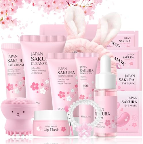 Sakura Skin Care Set Teenager Mädchen Geschenke - Skincare Set Feuchtigkeitsspendend - Geschenkset Frauen - Kirschblüten Gesichtspflege Set - Straffend Beauty Set - Mit Serum,Creme (13PCS)