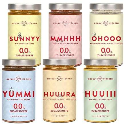 Hofgut Stöcken | Genießerpaket GLUTENFREI vom Testsieger | 6x 620ml Bio-Fertiggerichte im Glas |Bolognese|Gulasch-Suppe|Lauch-Käse-Suppe|Hähnchen-Curry |Möhren-Kokos