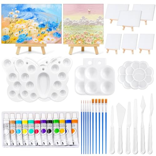 Mini Leinwand Mit Staffelei Set, 50 Stück, Acrylfarben & Pinsel | Tischstaffelei Set mit 8 Leinwandtafeln,12 Farbige Acrylfarben,10 Pinsel,6 Malpaletten,6 Spachte für Kinder zum Malen